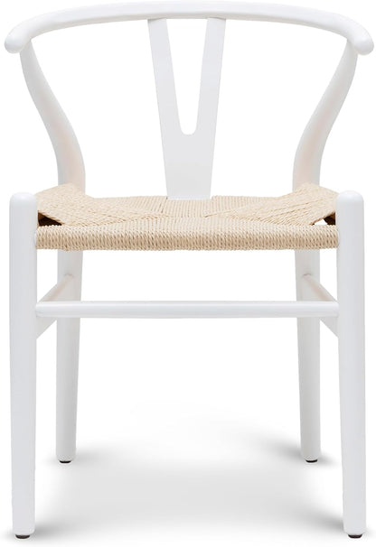 POLY & BARK Weave Dining Chair – Mid-Century Modern Wishbone Dining Chair with Arms, Solid Wood Frame, Indoor Use – White – Single - Ideal for Dining Room, Kitchen or Stylish Accent Setting