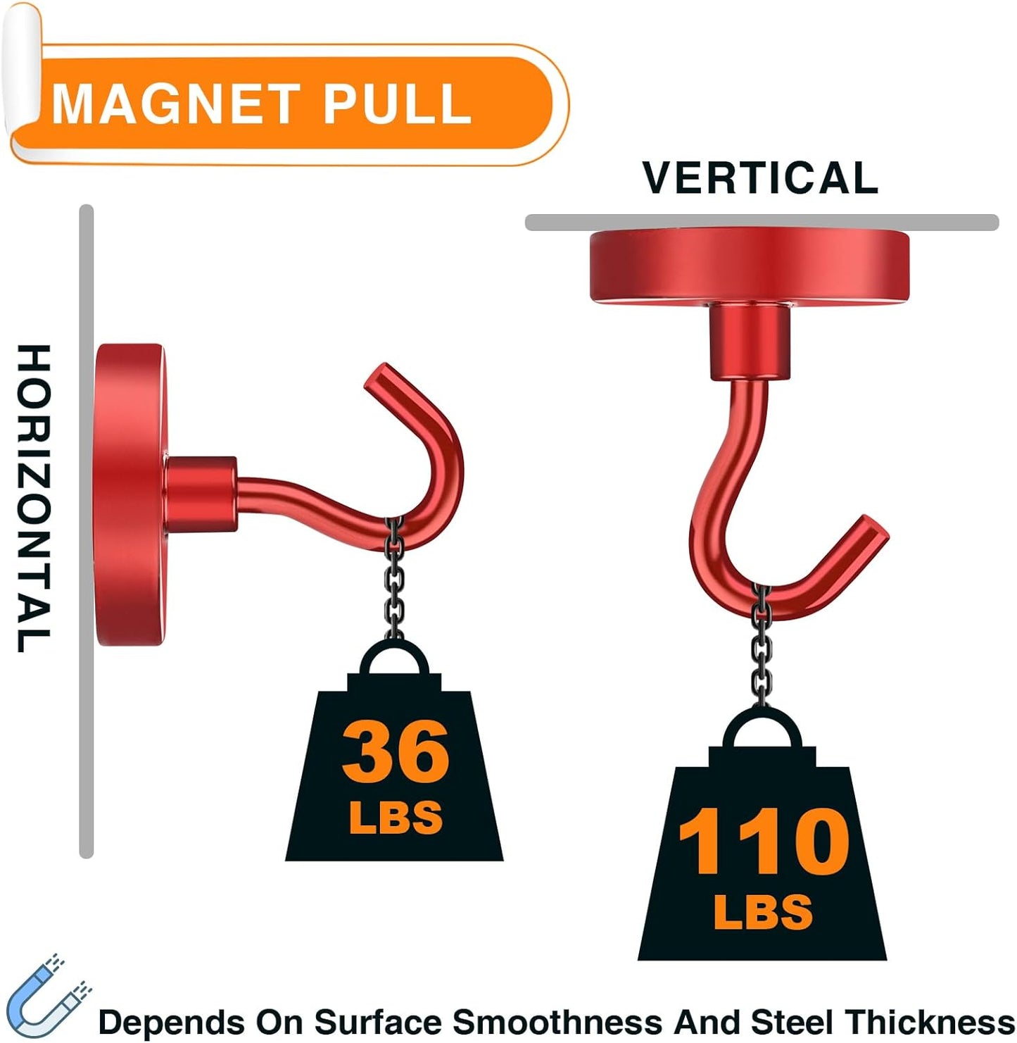 MIKEDE Strong Magnetic Hooks, 110Lbs Heavy Duty Magnetic Hooks for Cruise, Neodymium Earth Magnets with Hooks for Hanging, Super Metal Magnetic Hanger for Grill, Storage (Red,10 Pack)