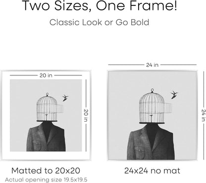 Homeforia 24x24 Silver Picture Frame, High End Metal 24 x 24 Large Square Silver Frames with Mat 20 by 20 inch Photo, 24by24 Thin Poster Frame Matted to 20x20 Print, Tempered Glass, Wall Kit, Set of 1