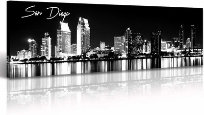 DJSYLIFE San Diego Skyline Wall Art Black and White Night View USA Cityscape California Pictures Artwork Painting Poster for Bedroom Office Decoration Stretch Framed Ready to Hang 13.8"x47.3"