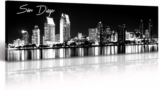 DJSYLIFE San Diego Skyline Wall Art Black and White Night View USA Cityscape California Pictures Artwork Painting Poster for Bedroom Office Decoration Stretch Framed Ready to Hang 13.8"x47.3"