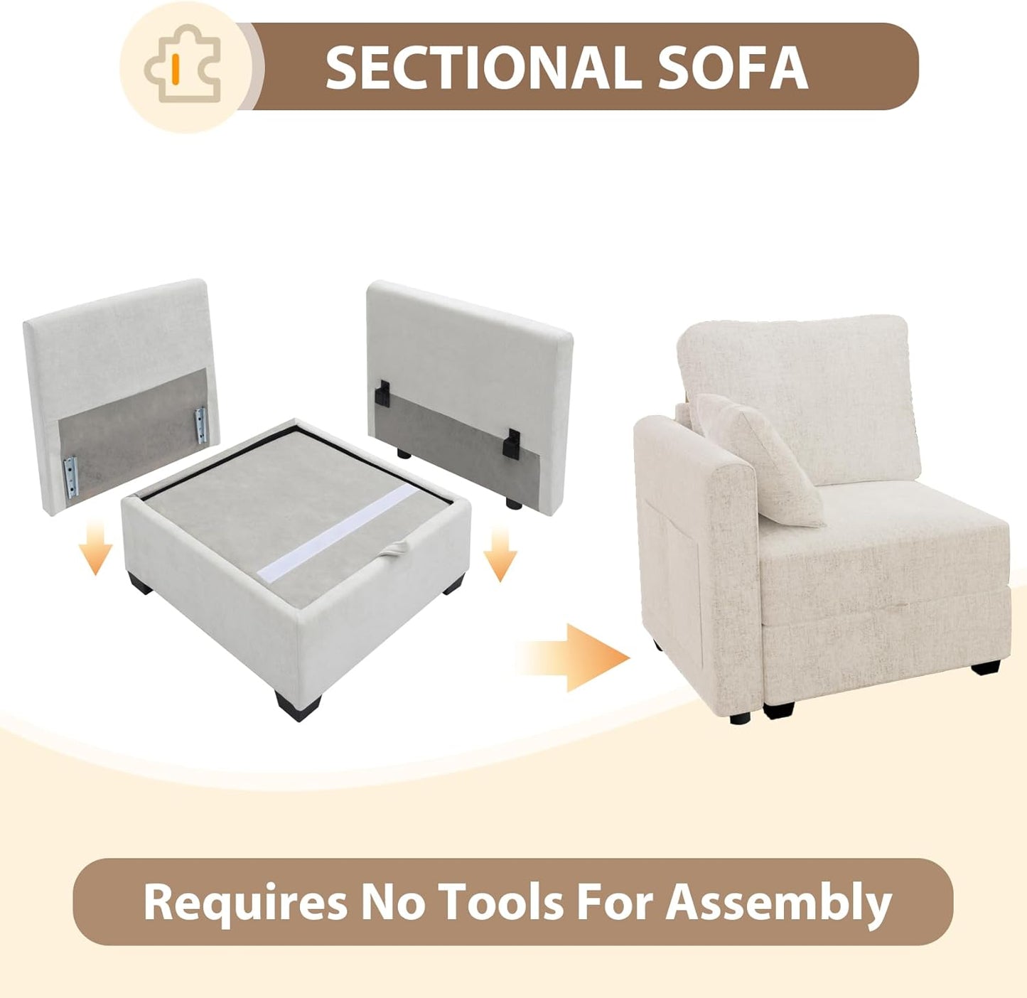 mestyl Modular Sectional Sofa Convertible Sofa Couch Set with Storage for Living Room, Modern 3 Seater Modular Sectional Couch (Beige)