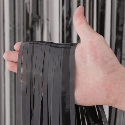 3 Pack 3.3x8.2 Feet Black Foil Fringe Backdrop Curtains, Tinsel Streamers Birthday Party Decorations, Fringe Backdrop for Graduation, New Years, Halloween, Disco Party