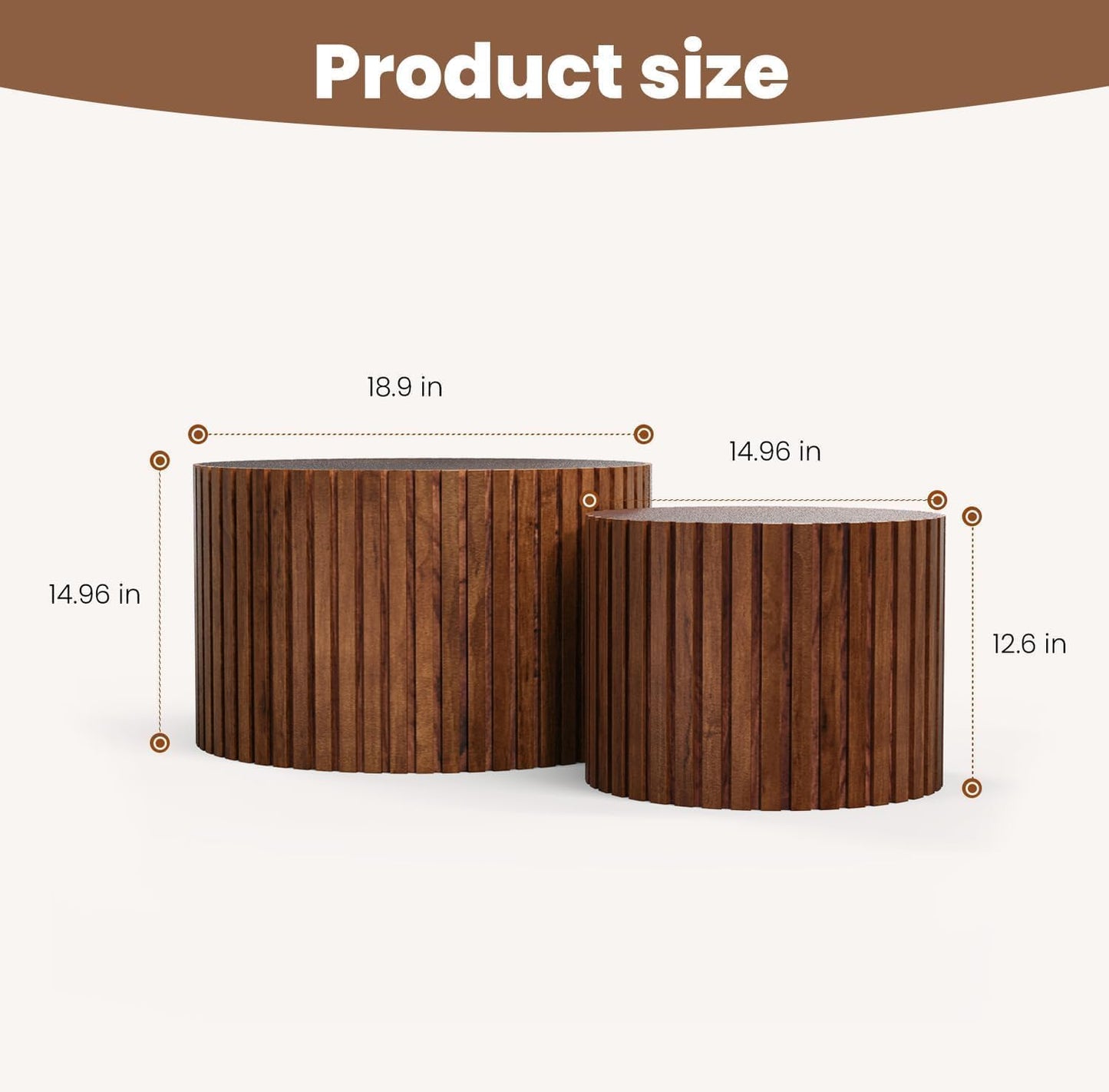 WXFKLDJ Round Nesting Coffee Table Set Cylindrical Wooden Coffee Table Sofa Center Table Circle Embossed Design Side Table for Living Room Apartment No Assembly (Striped Brown Small)