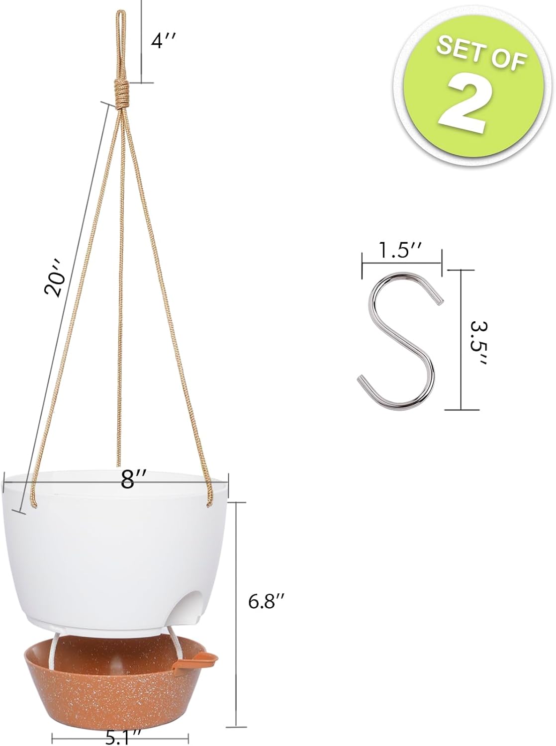 8 inch Hanging Planters, 2 Pack Self Watering Hanging Pots with 20oZ Deep Reservoir for Indoor Outdoor Plants Flowers, White with Brown