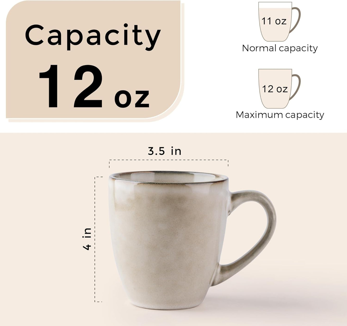 GBHOME Ceramic Coffee Mugs Set of 4, 12oz Stoneware Coffee Mugs Set For Dad Mom Women MEN, Light Weight Ceramic Coffee Cups for Latte/Tea/Beer/Hot Cocoa, Dishwasher & Microwave Safe,Cappuccino