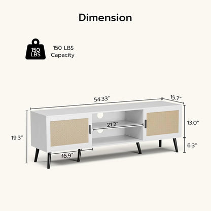 TV Stand for TVs up to 65'', Mid Century Modern Entertainment Center with Rattan Door, Shelves & 2 Cabinets, Boho Media TV Console for Living Room, Bedroom, White