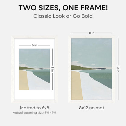 Homeforia 8x12 Picture Frame White, High End Oak 8 x 12 Wood Frames with Mat 6 by 8 Print, 8by12 Wooden Frame Matted to 6x8 inch Photo, 12x8 Wall or Tabletop Frames, Tempered Glass, Wall Kit, Set of 1
