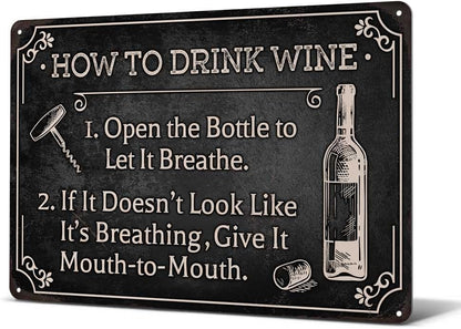 Heuhuww Funny Wine Bar Metal Sign-How To Drink Wine Wall Decor for Farmhouse Bar Station Wine Themed Gifts 8"x12"(H29)