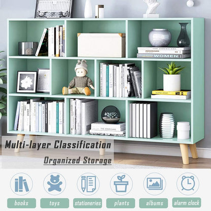 IOTXY Wooden Open Shelf Bookcase - 3-Tier Floor Standing Display Cabinet Rack with Legs, 10 Cubes Kids Bookshelf, Tiffany-Green