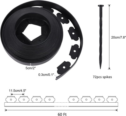 No Dig Durable Garden Landscape Edging Kit, 2 Inch Tall Black Plastic Lawn Border with 72pcs Anchoring Spikes for Landscaping, Flower Gardens, Lawn (60FT+72pcs Anchoring Spikes)