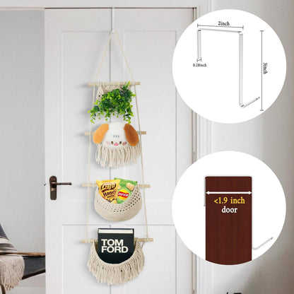 4 Tier Hanging Fruit Basket for Kitchen, Beige Boho Cotton Rope Crocheted Fruit Holder for Bathroom Bedroom, Detachable Wall Hanging Basket Shelves Over Door Organizer for Fruits Veggie Plant Decor
