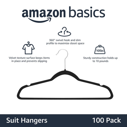 Amazon Basics Slim Velvet Non-Slip Space Saving Suit Clothes Hangers, Closet Organizer