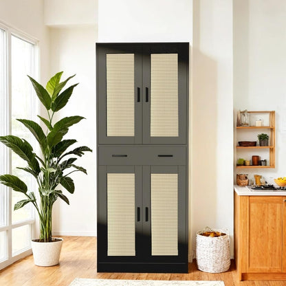 71" Tall Black & Rattan Pantry Cabinet - Boho Chic Kitchen Storage with Doors & Drawer for Dining Room, Hallway or Kitchen Organization