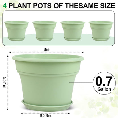 8 Inch Plastic-Flower Pot-for-Indoor Plants, 4 Pack Large Outdoor Planter Pot with Drainage Holes & Saucers, Resin Decorative Garden Pots Planters