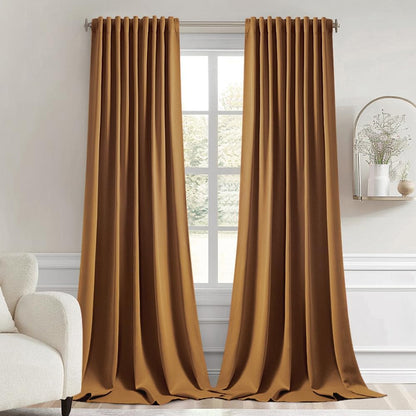 MIULEE Golden Brown Back Tab Blackout Curtain 96 Inch Long 2 Panels Set for Bedroom, Rod Pocket/Pinch Pleat Thermal Insulated Living Room Darkening Pleated Light Blocking Floor to Ceiling Drape