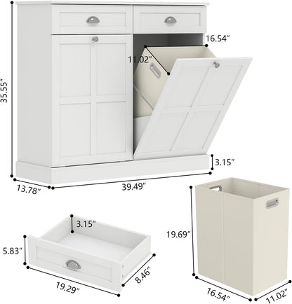 Loomie Double Tilt Out Laundry Hamper Cabinet, Hidden Laundry Cabinet with 2 Drawers & 2 Baskets, 30 Gallon Trash Can for Bathroom, Kitchen, White