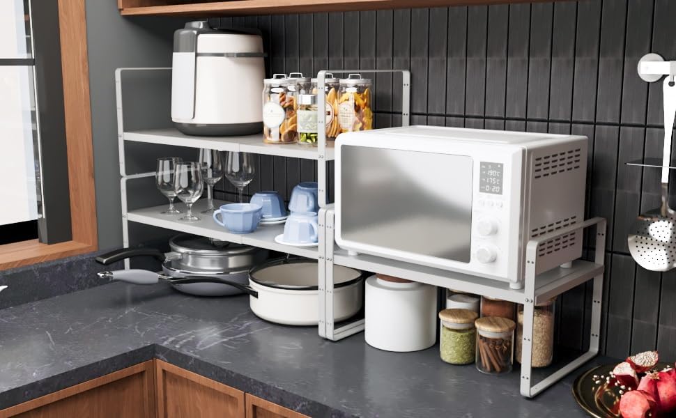 16.5~27.1" Expandable Shelf Organizer, 1Pack 8.1" Wide Stackable Cabinet Shelf Organizers, White Metal Sturdy Kitchen Counter Storage for Countertop, Adjustable Height Spice Rack