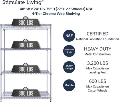 48"x24"x72" Prime Heavy Duty Chrome 4-Tier Wire Shelving NSF 3200 LBS MAX Capacity Storage Rack for Commercial, Hospital, School, Garage, and Kitchen Uses (with Wheels)