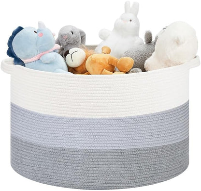 Ravinte Large Storage Basket - 22"x 22"x 14" Blanket Basket for Living Room, Baby Toy Storage Basket, Cotton Rope Basket Woven Laundry Basket (White-Blue-Gray)