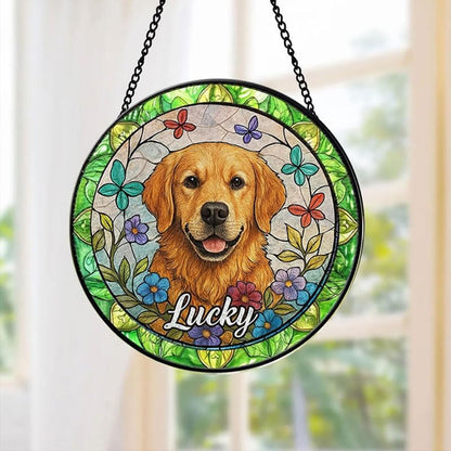 Custom Dog Suncatcher with Pet Name, Personalized Stained Glass Window Hanging Art, Unique Memorial Gift for Dog Lovers, Pet Remembrance Keepsake, Decorative Home Window Ornament
