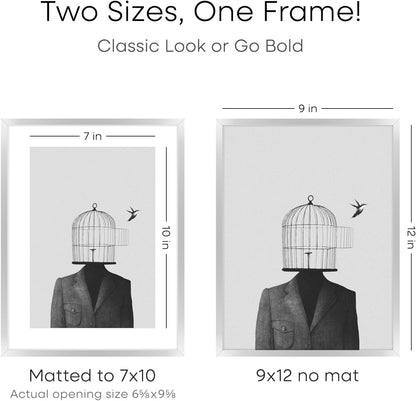 Homeforia 9x12 Picture Frame Silver, High End Metal 9 x 12 Frames with Mat 7 by 10 inch Photo, 9by12 Poster Frame Matted to 7x10 Print, 12x9 Wall or Tabletop Frames, Tempered Glass, Wall Kit, Set of 1