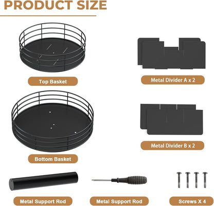 Snack Organizer - Versatile Snack Storage 2 Tier Lazy Susan with Convenient Grab-and-Go Design, Metal Snack Holder for Home, Office, Breakroom, 11.85" L x 11.85" W x 13.3" H (Matte Black)