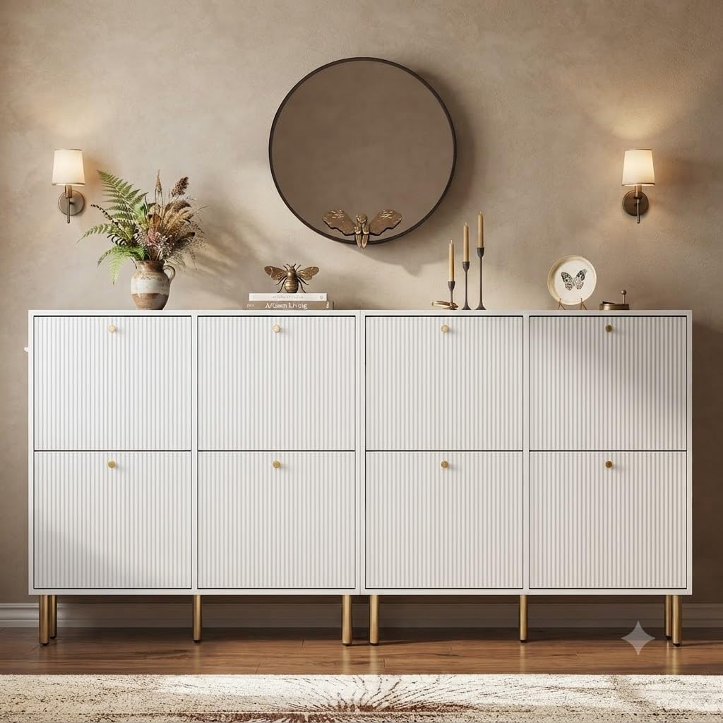 Nicetree White Shoe Cabinet for Entryway, 4 Flip Drawers Shoe Storage Cabinet with Tiered Fluted