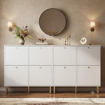 Nicetree White Shoe Cabinet for Entryway, 4 Flip Drawers Shoe Storage Cabinet with Tiered Fluted