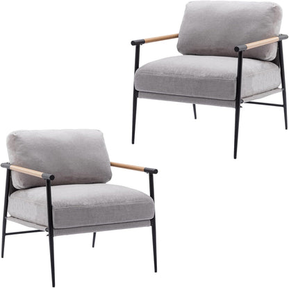 Mid-Century Accent Chair Set of 2, Soft Armchair Chenille Fabric Lounge Chair with Black Metal Legs, Upholstered Leisure Chair for Living Room Bedroom Reception Room, Grey
