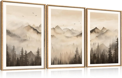 Celestdeco Nature Misty Forest Framed Canvas Wall Art Set, Foggy Landscape Wall Decor, Watercolor Pine Tree Wall Painting, Large Mountains Art Print for Living Room, Bedroom, Office - 16"X24"X3