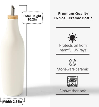 HOMCDALY Ceramic Olive Oil Dispenser for Kitchen, Stoneware 16oz Oil and Vinegar Bottles Dispenser, Kitchen Dispenser Bottle for EVOO Vinegar Syrups, Modern Farmhouse Design(W)
