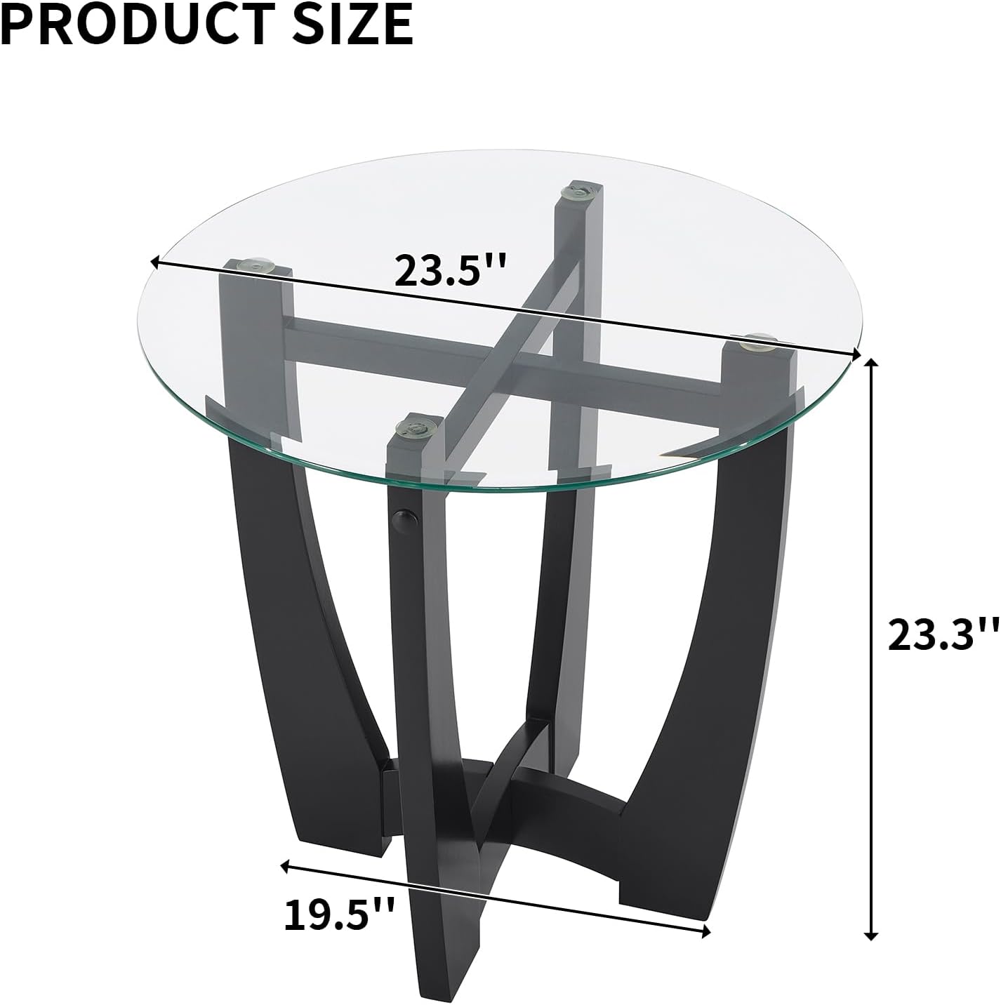 Glass End Table, 23.5" Round Side Tables with Tempered Glass Top Cross and Solid Wood Base Small Night Stand for Living Room Office Apartment Black