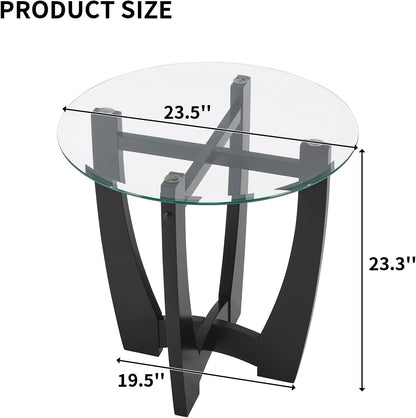 Glass End Table, 23.5" Round Side Tables with Tempered Glass Top Cross and Solid Wood Base Small Night Stand for Living Room Office Apartment Black