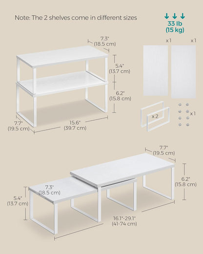 SONGMICS Cabinet Organizer Shelf, Set of 2 Kitchen Counter Shelves, Kitchen Storage, Spice Rack, Stackable, Expandable, Metal and Engineered Wood, Cloud White and Snow White UKCS025W01