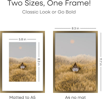 Homeforia A4 Picture Frame Bronze, High End Metal 8.3 x 11.7 inch Brass Poster Frames with Mat 5.8 by 8.3 Print, A4 Frames Matted to A5 Photo, 8.3x11.7 Wall or Tabletop Frame, Tempered Glass, Set of 1