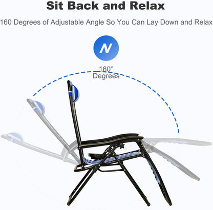Nazhura Set of 2 Relaxing Recliners Patio Chairs Adjustable Steel Mesh Zero Gravity Lounge Chair Beach Chairs with Pillow and Cup Holder (Navy Blue Stripe)
