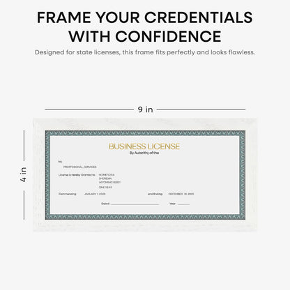 Homeforia 4x9 Business License Frame White, High End Oak 4 x 9 White Wood Certificate Frames, 9x4 Wooden Document Frames for Wall or Tabletop, 4 by 9 Picture Frames, Tempered Glass, Wall Kit, Set of 1