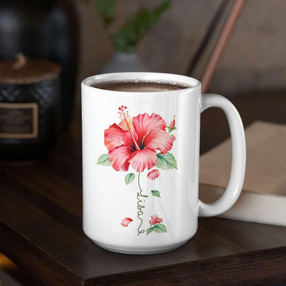 Personalized Hibiscus Blossom Design Mug, Custom Name Vibrant Flower Coffee Cup, Customized Mug For Floral Enthusiasts, Novelty Hibiscus Flower Ceramic Cup 11oz 15oz, Gift For Women