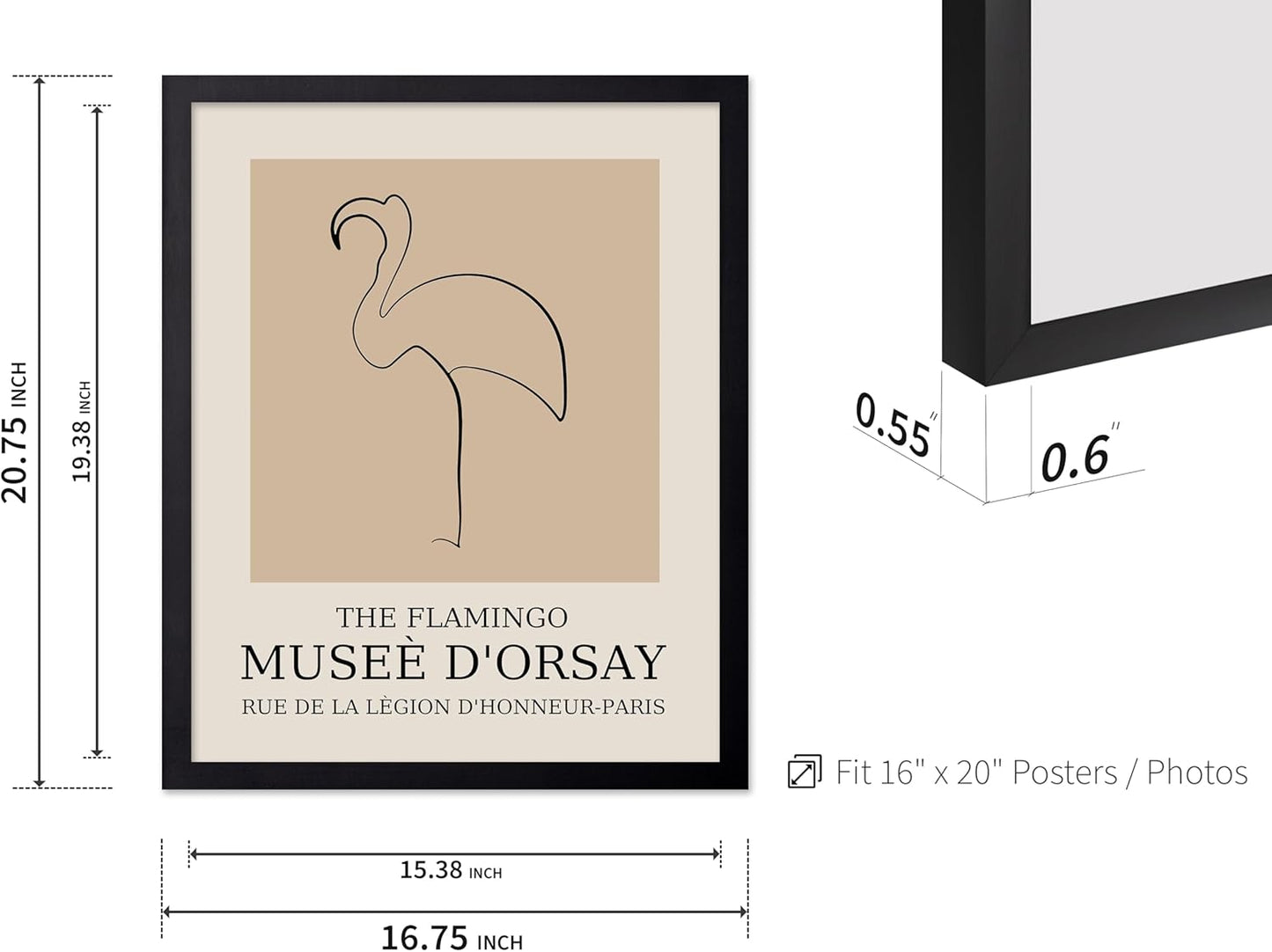 Poster Master Vintage Poster - Retro Minimalist Print - Gift for Artist, Housewarming - Flamingo, Line Drawing, Sketch, Abstract - Wall Decor for Living Room, Bedroom, 16x20 Black Framed