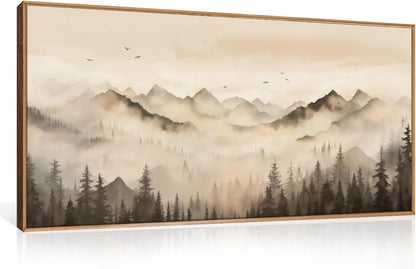 Nature Misty Forest Framed Canvas Wall Art Set, Foggy Landscape Wall Decor, Watercolor Pine Tree Wall Painting, Large Mountains Art Print for Living Room, Bedroom, Office - 20"X40"