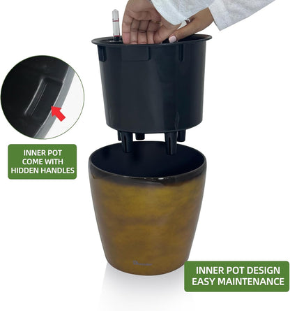 Dexceder 9x8 Inches Self Watering Planter Indoor Outdoor, Inner Pot Design, Thickened Table Flower Plant Pot with Water Level Indicator (Yellow Brown Gradient)