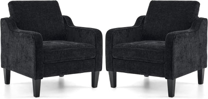 VINGLI Living Room Chairs Set of 2, Black Accent Chair 5.5" Thick Seat Cushion Comfy Chair Soft Chenille Side Chair Upholstered Arm Chair for Bedroom, Play Room, Apartment, Office (Black)