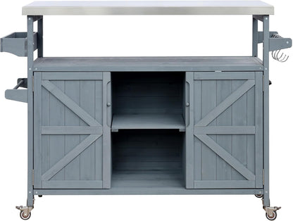 Outdoor Solid Wood Grill Table with Stainless Steel Top, Farmhouse Kitchen Island with Storage Cabinet, Outdoor Bar Cart with Internal Storage Rack, Spice & Towel Rack, Grey Blue