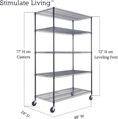 48"x24"x72" Prime Heavy Duty Black 5-Tier Steel Wire Shelving NSF 4000 LBS MAX Capacity Storage Rack for Commercial, School, Home, Garage, Warehouse, Industrial, and Hospital Uses (with Wheels)