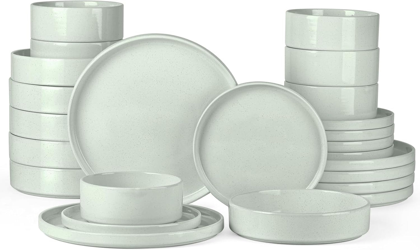 Onader Stoneware Dinnerware Sets for 6 with Double Bowl, 24 Piece Plates and Bowls Dish Dinner Set, Speckled Kitchen Dishware Tableware – Pale Sage Green