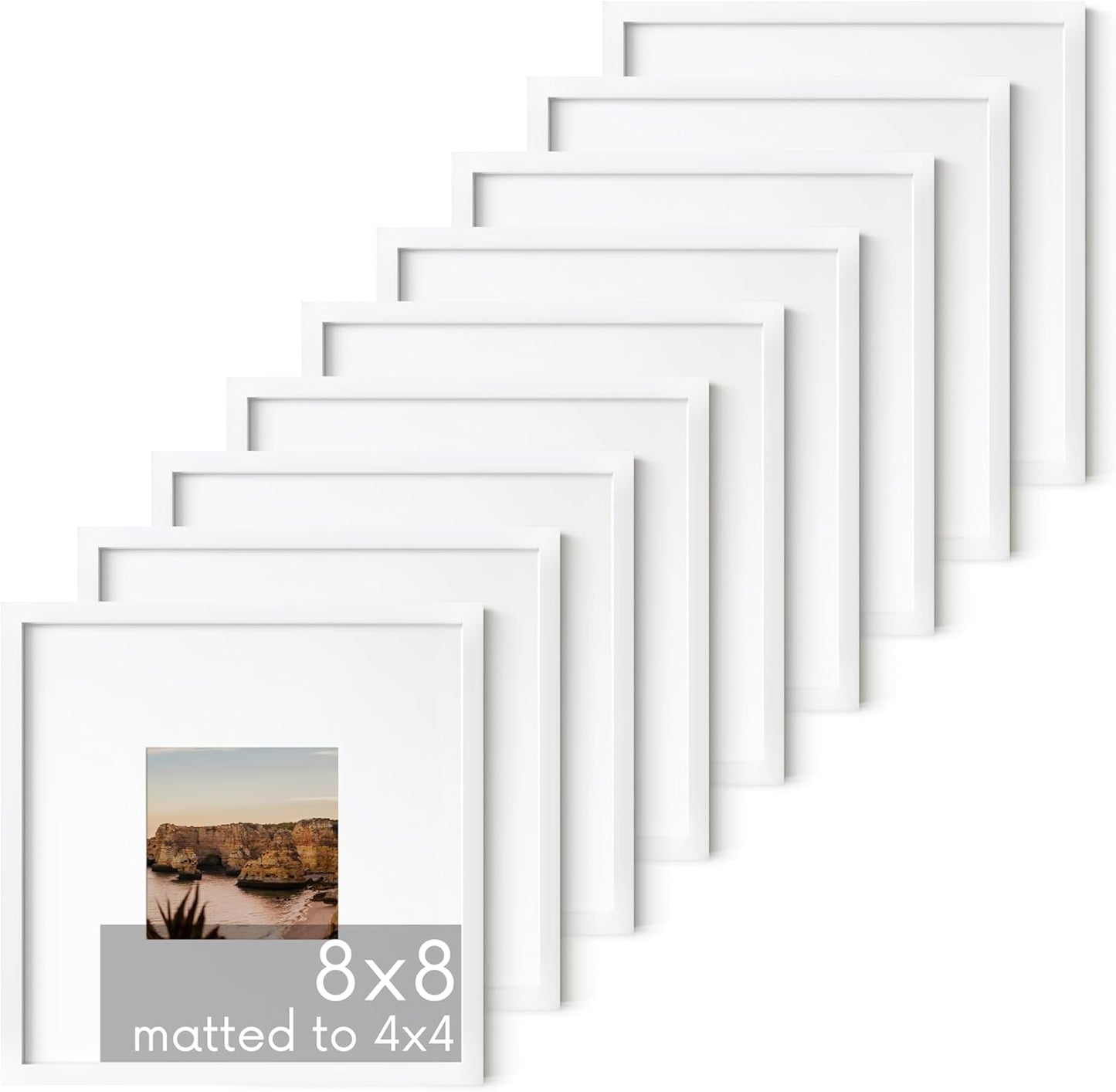 HAUS AND HUES 8x8 White Metal Picture Frames Matted to 4x4 - Features Premium Aluminum & Hanging Hardware, Shatterproof Plexiglass - Ideal for Home, Room, Office (8x8 in, White, Set of 9)