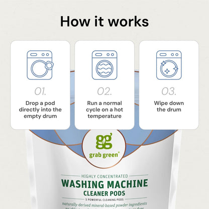 Grab Green Washing Machine Cleaner, 5 Count, Fragrance Free, Mineral Based Removes Deposits and Odors, Naturally Cleans