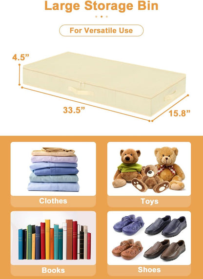 punemi 4.5 Inch Tall Low Profile Under Bed Storage Containers Bins, 2Pcs Shallow Flat Underbed Clothes Storage With Sturdy Structure Support, Under Couch & Sofa Storage For College Dorm Room, Beige