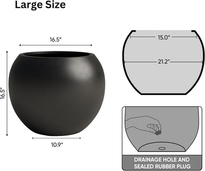 DTY Signature Mount Sherman Lightweight Durable Modern Fiberstone Sphere Planter for Indoor & Outdoor Drainage Hole & Rubber Plug Weather Resistant, 17" H x 21" Dia 14.4" Pot Opening - Large, Black
